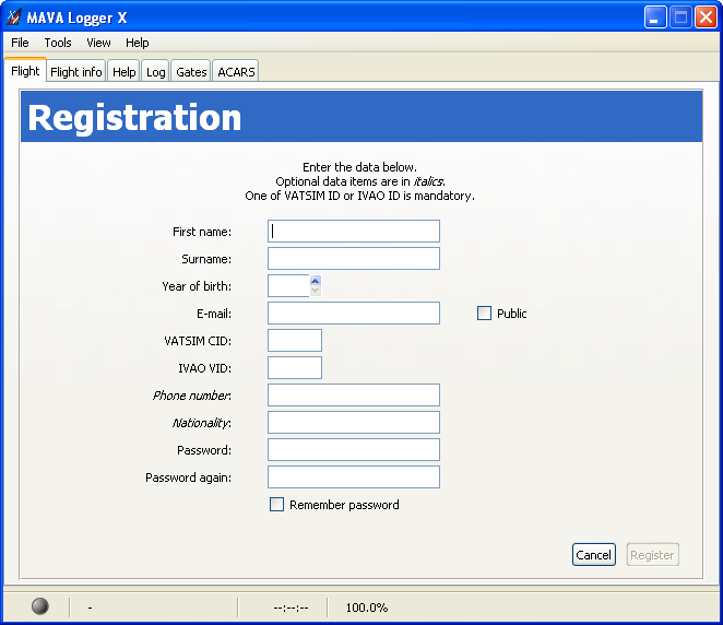 The Registration page