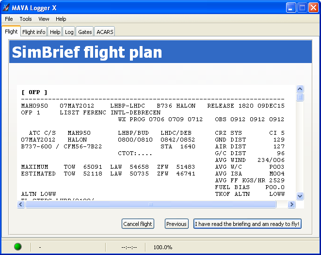 The SimBrief flight plan page