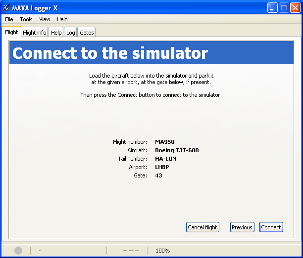The Connect to the simulator page