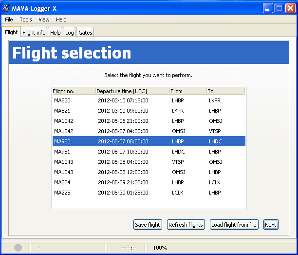 The Flight selection page