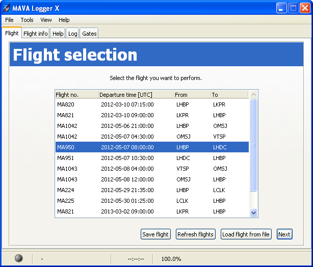 The Flight selection page